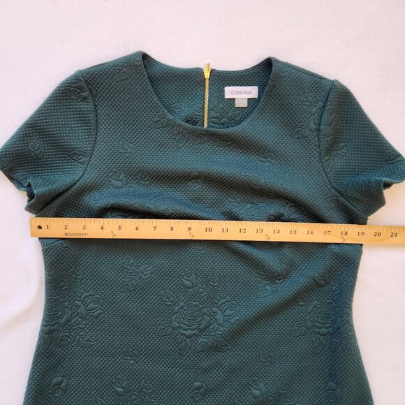 Calvin Klein Textured Dark Green Short Sleeve Shift Dress Floral Pretty Size 12 - Picture 6 of 11